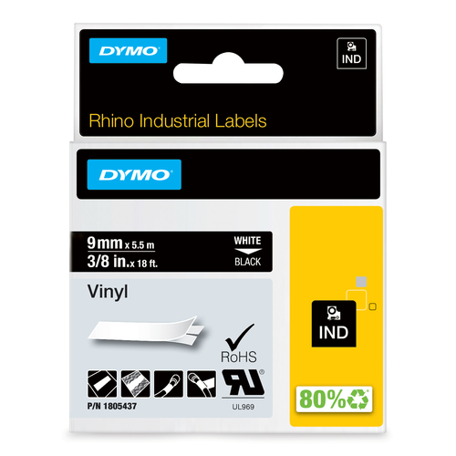 DYMO Rhino Industrial Vinyl Labels | 9 mm x 5.5 m | White Print on Black | Self-Adhesive | for LabelManager & Rhino Label Makers