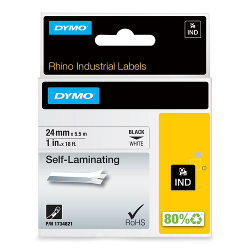 DYMO Rhino Industrial Self Laminating Labels | 24 mm x 5.5m | White on Black | for Rhino Label Makers