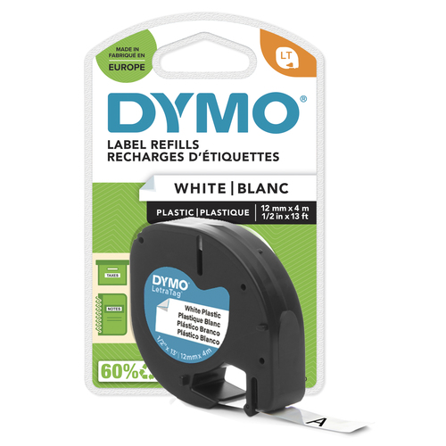 DYMO Branded LetraTag Plastic Labels | 12 mm x 4 m Roll | Black Print on White Labels | MultipurposeSelf-Adhesive Labels for LetraTag Label Makers | 1 Count