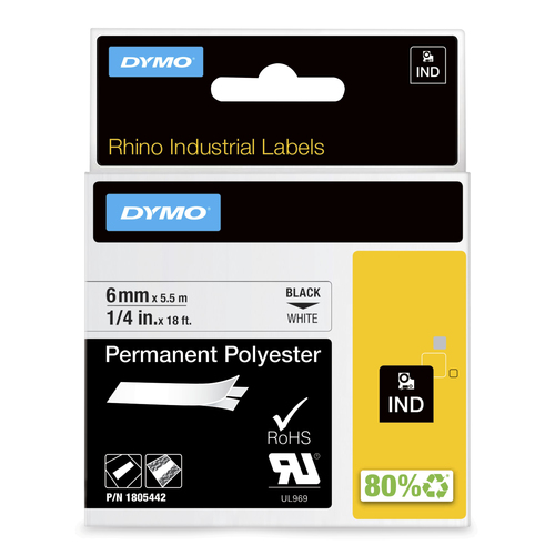 DYMO Rhino Industrial Permanent Polyester Labels | 6 mm x 5.5 m | Black Print on White | Self-Adhesive | for Rhino & LabelManager Label Makers