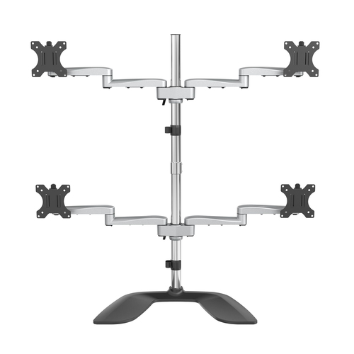 StarTech.com Desktop Quad Monitor Stand - Ergonomic VESA 4 Monitor Arm (2x2) up to 32" (17.6lb/8kg) - Free Standing Articulating Universal Pole Mount - Height Adjustable/Tilt/Swivel/Rotate - Silver
